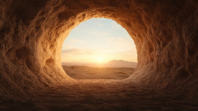 Cave with a hole in it and a sunset in the background. The cave is empty and the sun is setting