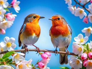 Fototapeta premium Spring Robins Cherry Blossom Aerial Photo - Vibrant Birds Blue Sky Nature Photography