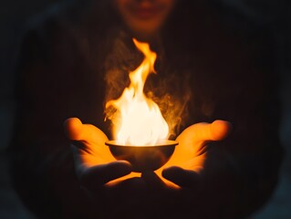 Person Holding a Small Bowl of Flame with Gentle Focus on the Fire and Hands, Emphasizing Warmth, Intimacy, and Symbolism of Light Amidst Darkness