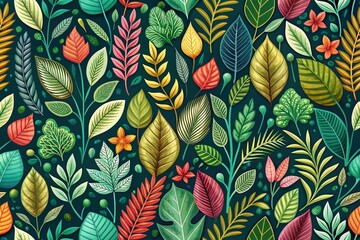 Spring Seamless Pattern: Vibrant Leaves & Plants High-Resolution Background