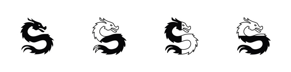 Set of black dragon icons. Mythical dragons in different styles isolated on white background. Stylish black dragon logos. Dragon silhouette vector. Vector illustration.