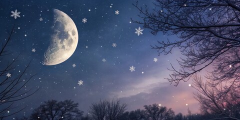 A crescent moon glows brightly against a backdrop of a star-filled night sky, with snowflakes gently falling amidst bare branches reaching up to the heavens.