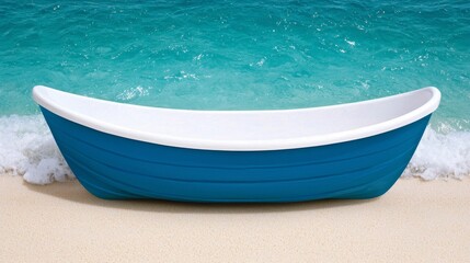 Naklejka premium Vibrant Blue Boat on Sandy Beach Tropical Ocean Coastal Photography Serene Environment Close-up Perspective Summer Vibes