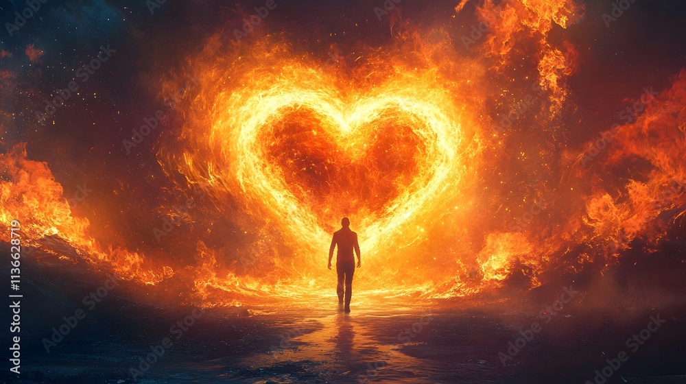 Aufkleber enigmatic figure walking towards a flaming heart in a dramatic landscape of fire, symbolizing passio