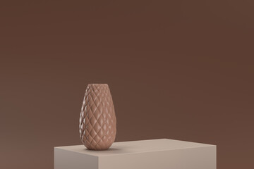 A brown vase sits on a brown surface
