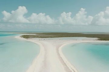 Serene aerial view of a pristine tropical island with a white sandbar splitting turquoise waters under a partly cloudy sky.  Ideal for travel, vacation, and paradise themes.