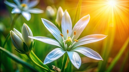 Fototapeta premium Star of Bethlehem Flower Macro Photography: High-Resolution Close-up Images of Ornithogalum Umbellatum Field Flowers in Sunlight