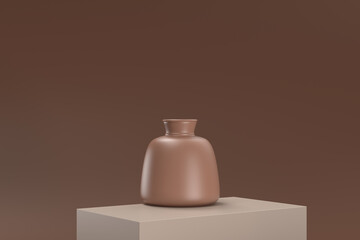 A brown vase sits on a brown surface
