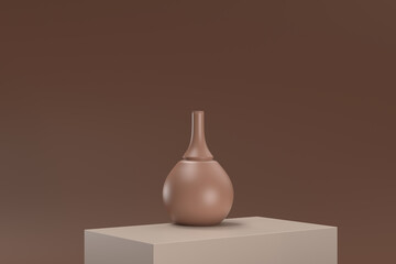 A brown vase sits on a brown surface