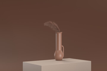 A vase with brown flowers in it sits on a brown table