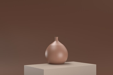 A brown vase sits on a brown surface