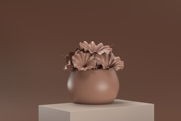 A vase with brown flowers in it sits on a brown surface