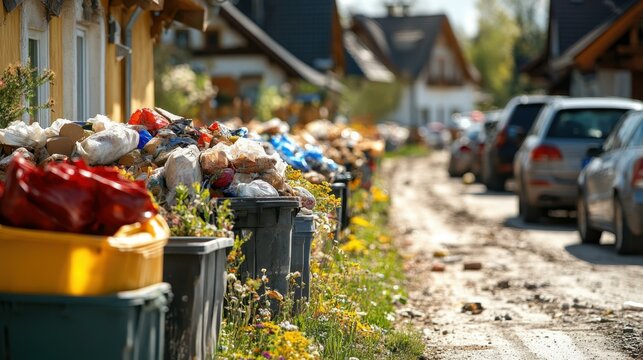 Garbage Piles. Smart waste management Inorganic hierarchy Contingency fund Sustainable packaging materials nature-based RoadRunner Recycling AMP Robotics Curbside Slow village Trash bins overflowing 