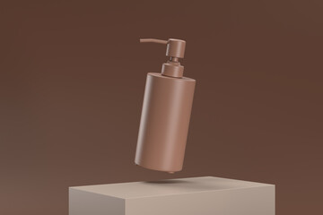 A bottle of lotion is floating in the air