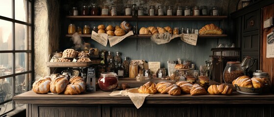 Artisan bread display cozy bakery food photography rustic environment warm lighting captivating setup
