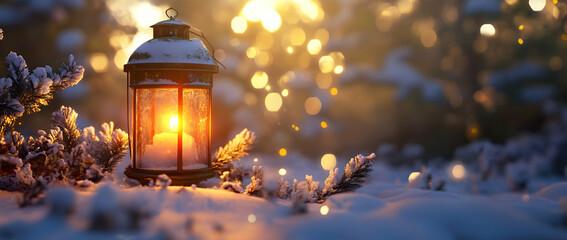 Christmas lantern glowing amidst a snowy, sunlit forest