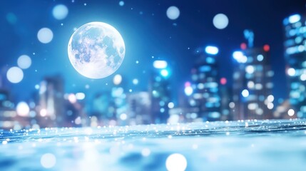 Glowing Moonlight Dances Over a Shimmering Cityscape on a Cold Winter Night