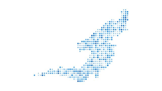 Bequia dotted digital map. Map of Bequia with pulsating colored circles. Shape of the island filled with blue disks. Powerful video.