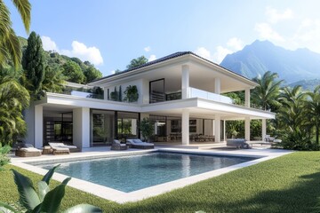 Fototapeta premium Modern tropical villa with a spacious pool, lush surroundings, and mountain views