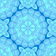 Seamless pattern with blue Indian floral ornament for fabric swatch or wrapping paper. Vector abstract kaleidoscopic background