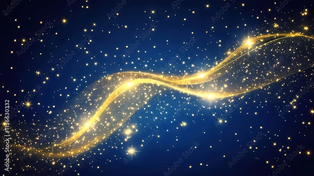 Wall mural golden glitter wave on dark blue background.