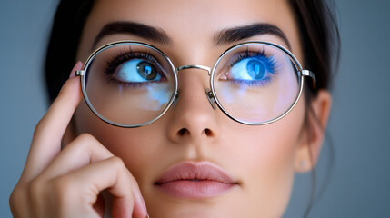 Fototapeta premium Businesswoman in glasses pondering future of technology while digital data reflects on lenses