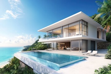 Modern beachfront villa with glass walls, an infinity pool, and tropical palm surroundings