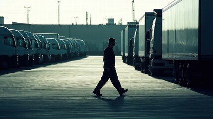 man walking through truck parking lot