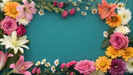 Fototapeta premium A vibrant floral frame composed of pink lilies, white daisies, orange gerbera daisies, and pink roses on a teal background.