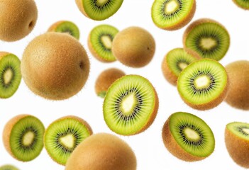 Fototapeta premium Vibrant kiwi fruits, both whole and sliced halves, appearing fresh and suspended in mid-air, isolated against a pure white background, perfectly illustrating their nutritious and exotic appeal.