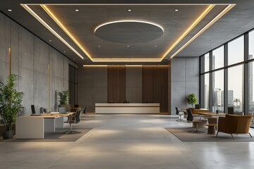 Modern workspace design with clean desks and high fidelity elements urban office interior photography professional environment wide angle view