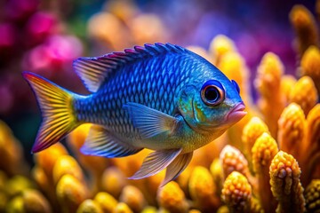 Fototapeta premium Stunning Damselfish Portrait Photography: Underwater Macro Shots, Vibrant Reef Fish