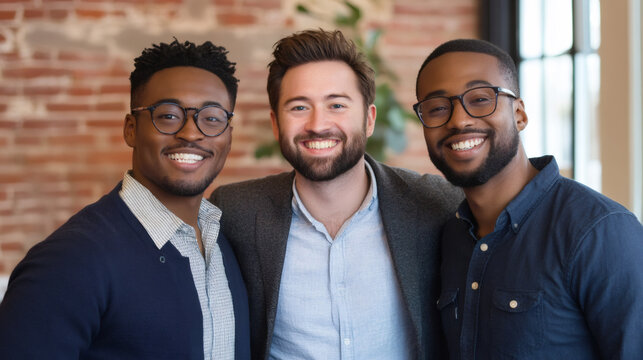 Three happy business professionals standing united in an office, promoting teamwork and embracing workplace diversity