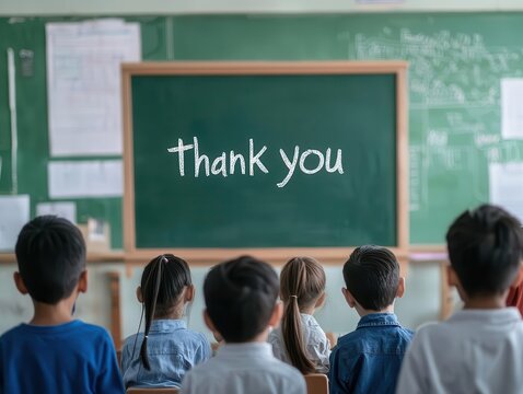Thank you Note Day Celebration Concept, Children appreciating a teacher in classroom setting