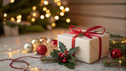 A wrapped Christmas gift adorned with a red ribbon, holly, and pinecones, surrounded by festive baubles and twinkling lights.