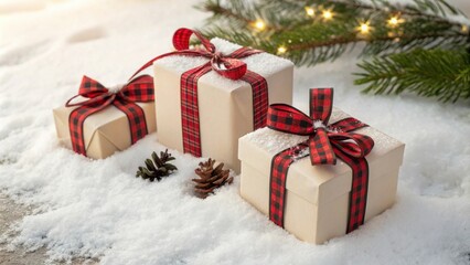 Three Christmas presents wrapped in brown paper with red and black plaid ribbons sit in the snow, illuminated by soft light from string lights strung on a pine branch.