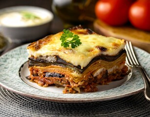 Generated image Authentic Greek moussaka with layers of eggplant and b&eacute;chamel sauce.