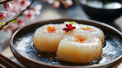 Close up of delicious Chinese glutinous sticky oil rice cake named migao for lunar new year's dishes with sakura shrimp