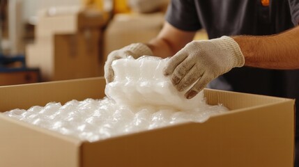 worker packing box with bubble wrap