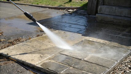 Power washing a concrete patio, a powerful stream of water cleaning away dirt and grime.