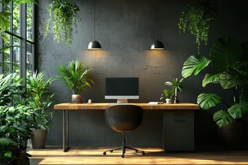 Modern industrial office design with concrete walls and greenery contemporary workspace indoor environment inspirational view