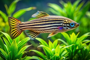 Obraz premium Stunning Zebra Danio Fish Photography: Rule of Thirds Composition, Vibrant Colors, Aquatic Life, Freshwater Fish