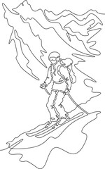 Continuous one line drawing skier in the mountains. Mountain landscape. Skier on the mountain slope. Alpine skiing. One continuous line isolated minimal illustration.Not AI.