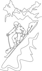 Continuous one line drawing skier in the mountains. Mountain landscape. Skier on the mountain slope. Alpine skiing. One continuous line isolated minimal illustration.Not AI.