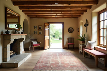 Traditional Stone Fireplace Foyer in Warm Earth Tones for Cozy Mountain Living