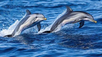 Naklejka premium Two Dolphins Jumping Playfully Above the Ocean Waves in Sunlight