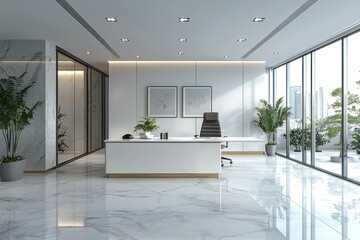 Modern minimalist office space design urban location interior photography bright environment wide-angle viewpoint clean aesthetic