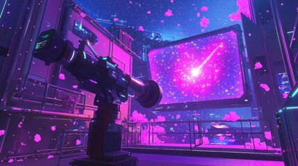 An AI-powered telescope capturing a meteor shower, with glowing holographic projections of the event displayed in a futuristic observatory. The sleek, minimalist design enhances the grandeur 