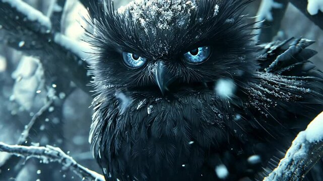 Majestic owl perched in a snow-covered tree during a winter afternoon in a serene forest