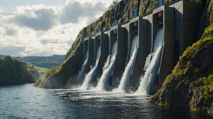 A breathtaking eco-city built into the side of a mountain, featuring cascading waterfalls that generate hydroelectric energy. AI systems regulate the water flow and optimize energy distribution. 